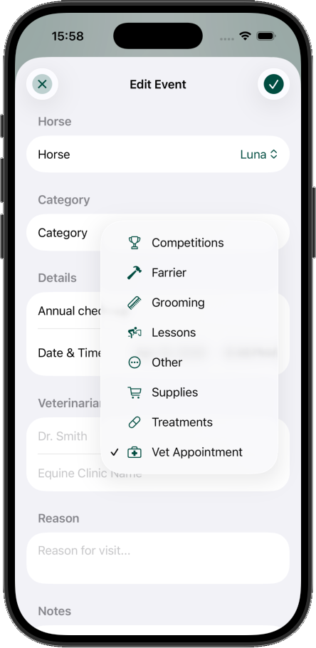 Equory calendar and event reminder for vet and farrier appointments